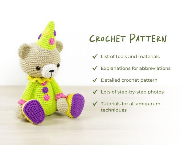 Crochet Pattern - Teddy Bear in a Clown Costume